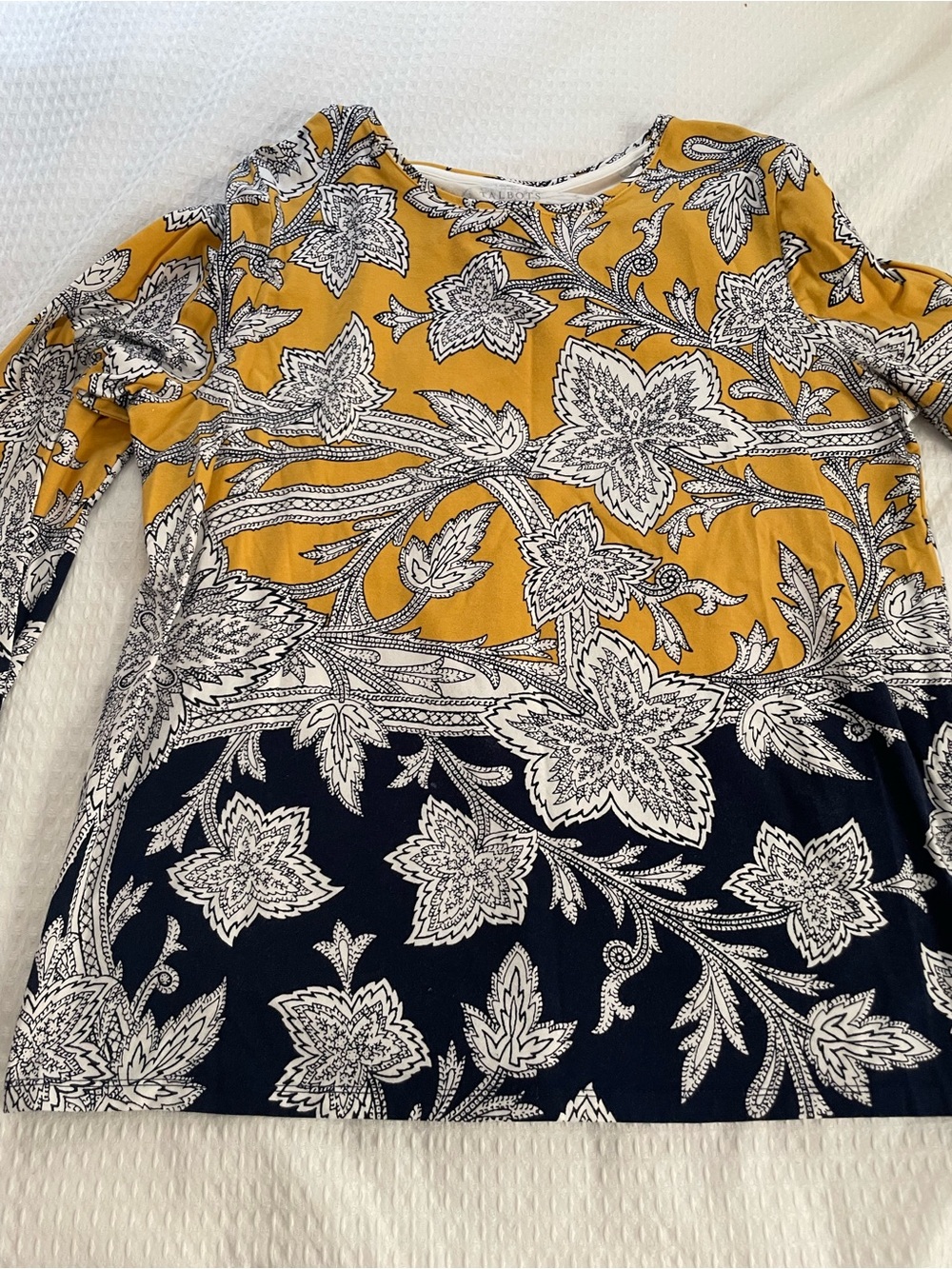 Talbots Mustard and Navy Floral Crewneck Tee